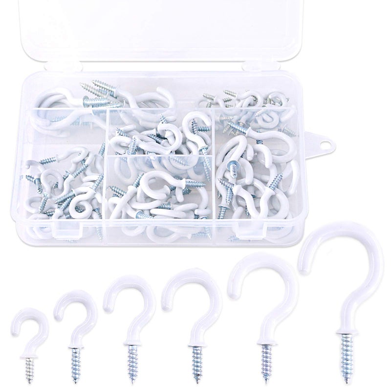 Glarks 100-Pieces 6 Sizes White Vinyl Coated Cup Hooks Screw-in Ceiling Hooks Screw Hooks Mug Hooks Hangers Assortment Kit for Home and Office Use - Image 1